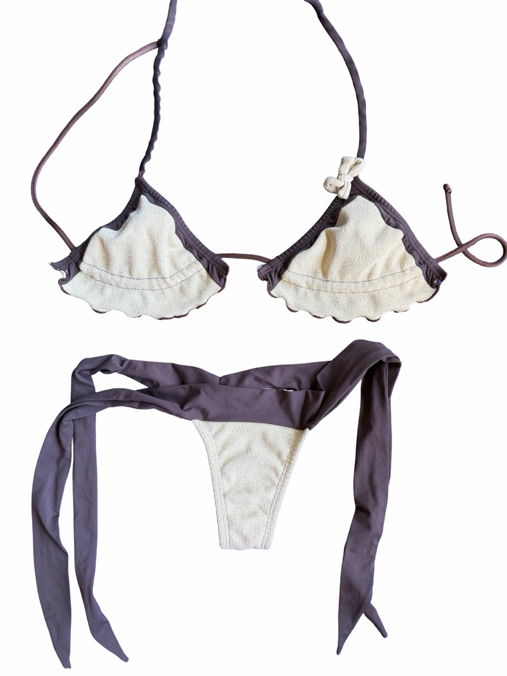 Women’s Two-Tone Scalloped Triangle Bikini - Cream & Taupe